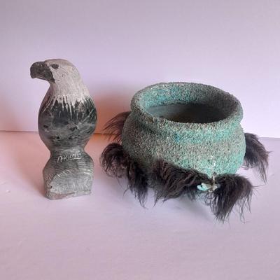 Signed stone Eagle statue with Zuni fetish pot cased in turquoise chips with feather accents.