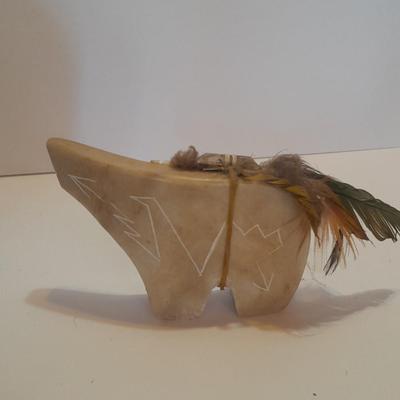 Signed Stone bear with feather accents and a beautiful, signed ben Moore glazed pottery vase.