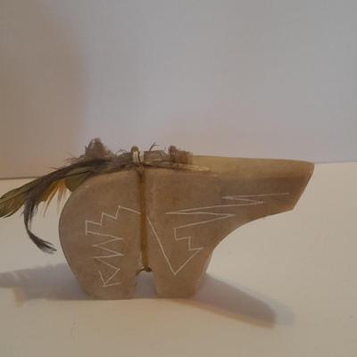 Signed Stone bear with feather accents and a beautiful, signed ben Moore glazed pottery vase.