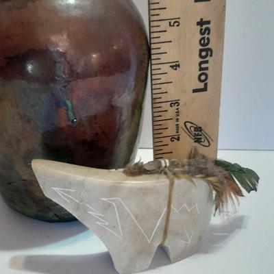 Signed Stone bear with feather accents and a beautiful, signed ben Moore glazed pottery vase.