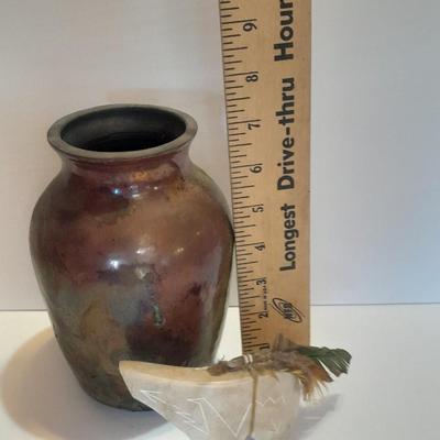 Signed Stone bear with feather accents and a beautiful, signed ben Moore glazed pottery vase.