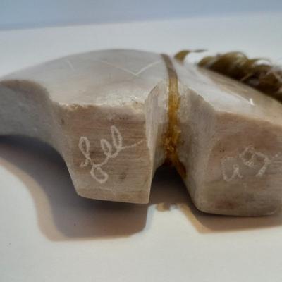 Signed Stone bear with feather accents and a beautiful, signed ben Moore glazed pottery vase.