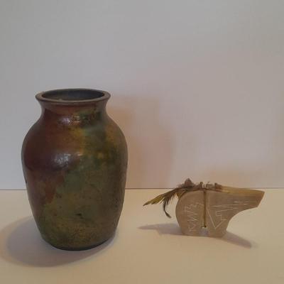 Signed Stone bear with feather accents and a beautiful, signed ben Moore glazed pottery vase.