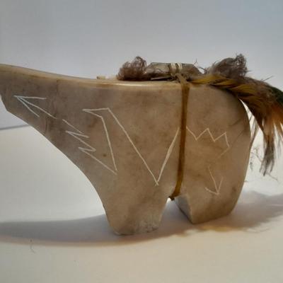 Signed Stone bear with feather accents and a beautiful, signed ben Moore glazed pottery vase.