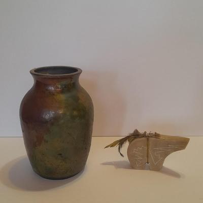 Signed Stone bear with feather accents and a beautiful, signed ben Moore glazed pottery vase.