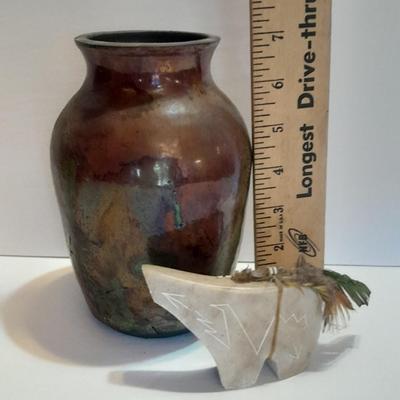 Signed Stone bear with feather accents and a beautiful, signed ben Moore glazed pottery vase.