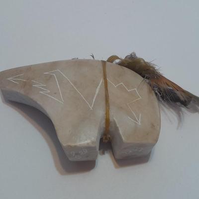 Signed Stone bear with feather accents and a beautiful, signed ben Moore glazed pottery vase.
