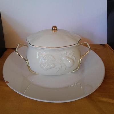 Teleflora Covered Serving Bowl w/Stand, Dansk platter, and Crystal Galway Ireland vintage salt and pepper shakers
