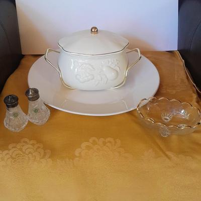 Teleflora Covered Serving Bowl w/Stand, Dansk platter, and Crystal Galway Ireland vintage salt and pepper shakers