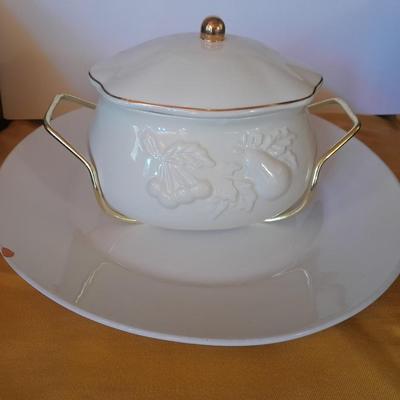 Teleflora Covered Serving Bowl w/Stand, Dansk platter, and Crystal Galway Ireland vintage salt and pepper shakers