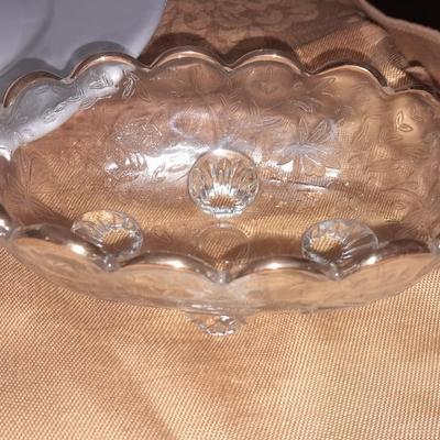 Teleflora Covered Serving Bowl w/Stand, Dansk platter, and Crystal Galway Ireland vintage salt and pepper shakers