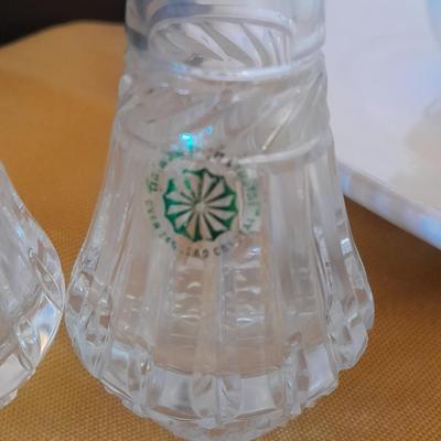 Teleflora Covered Serving Bowl w/Stand, Dansk platter, and Crystal Galway Ireland vintage salt and pepper shakers
