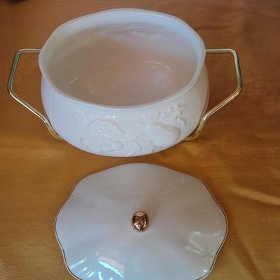 Teleflora Covered Serving Bowl w/Stand, Dansk platter, and Crystal Galway Ireland vintage salt and pepper shakers