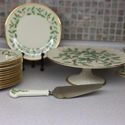 LENOX Holiday Set - (1) Dessert Stand, (1) Stainless Dessert Knife & (2) Servers, (2) Candle Holders, (13) Dessert/Salad Plates