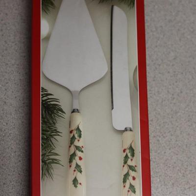 LENOX Holiday Set - (1) Dessert Stand, (1) Stainless Dessert Knife & (2) Servers, (2) Candle Holders, (13) Dessert/Salad Plates