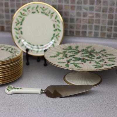 LENOX Holiday Set - (1) Dessert Stand, (1) Stainless Dessert Knife & (2) Servers, (2) Candle Holders, (13) Dessert/Salad Plates