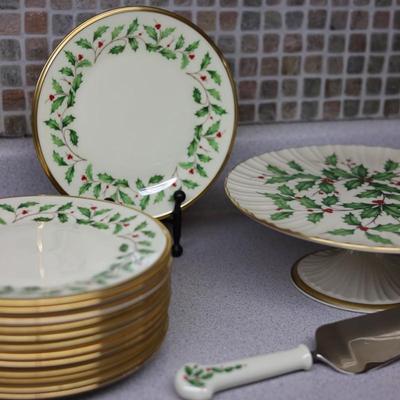 LENOX Holiday Set - (1) Dessert Stand, (1) Stainless Dessert Knife & (2) Servers, (2) Candle Holders, (13) Dessert/Salad Plates