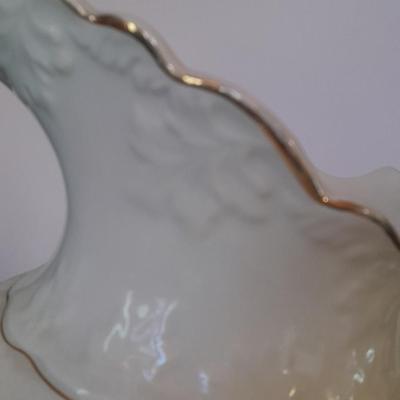 Large gold rimmed semiâ€“Vitreous Porcelain K.T. &M. pitcher on Dansk Platter