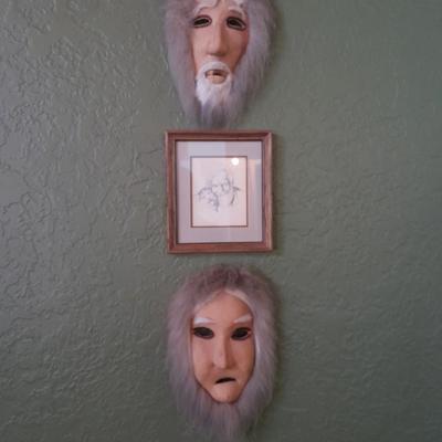 Framed and signed Yukon Joe and Pup drawing with two masks
