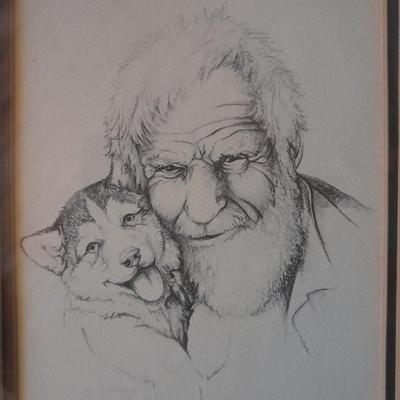 Framed and signed Yukon Joe and Pup drawing with two masks