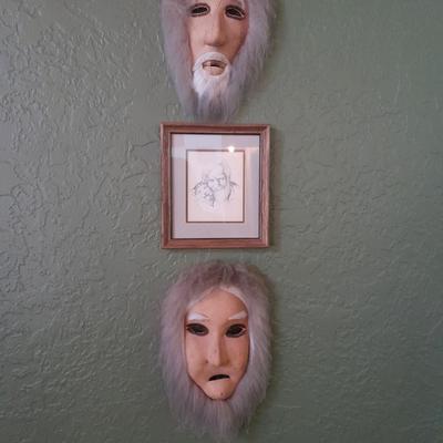 Framed and signed Yukon Joe and Pup drawing with two masks