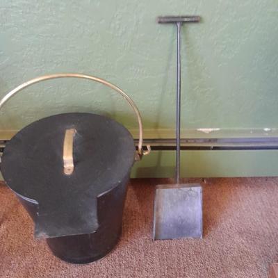Lidded Ash bucket with fireplace tools and long matches
