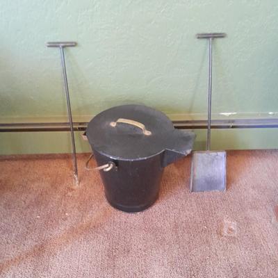 Lidded Ash bucket with fireplace tools and long matches