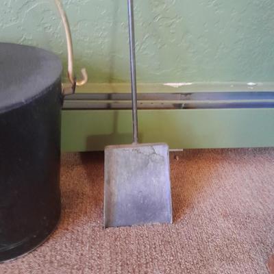 Lidded Ash bucket with fireplace tools and long matches
