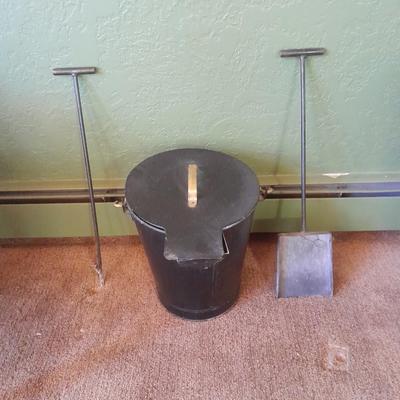 Lidded Ash bucket with fireplace tools and long matches