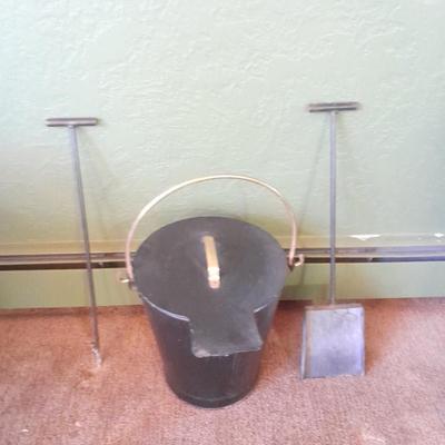 Lidded Ash bucket with fireplace tools and long matches