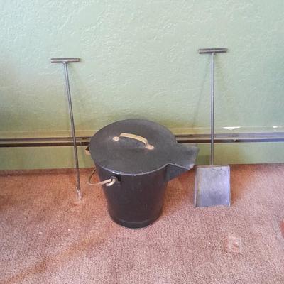 Lidded Ash bucket with fireplace tools and long matches