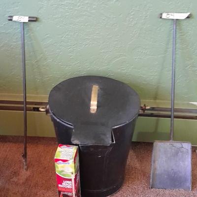 Lidded Ash bucket with fireplace tools and long matches
