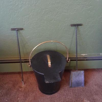 Lidded Ash bucket with fireplace tools and long matches