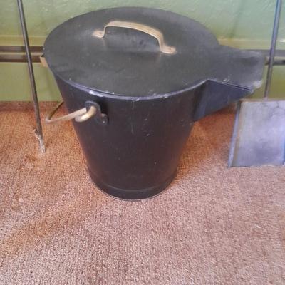 Lidded Ash bucket with fireplace tools and long matches