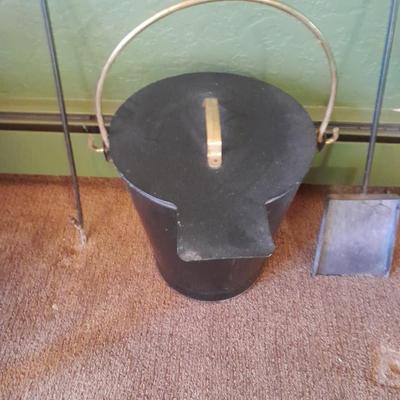 Lidded Ash bucket with fireplace tools and long matches