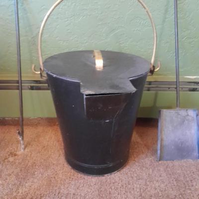 Lidded Ash bucket with fireplace tools and long matches