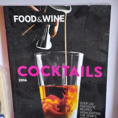 Barware, Rabbit corkscrew, assortment of drinking glasses, Cocktail recipe books, bar rags, Lee's bar coasters