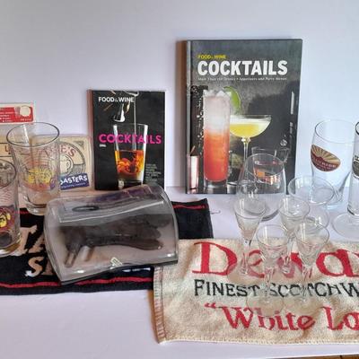 Barware, Rabbit corkscrew, assortment of drinking glasses, Cocktail recipe books, bar rags, Lee's bar coasters