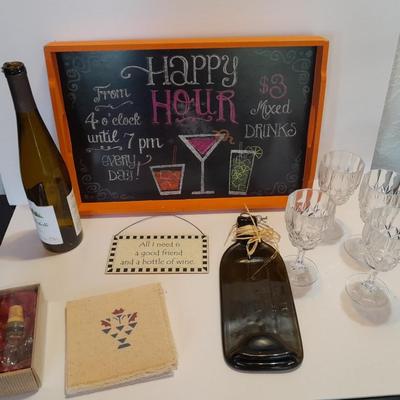 Real women don't cry, they Wine! Happy Hour chalk art tray / sign, and an assortment of wine themed decor