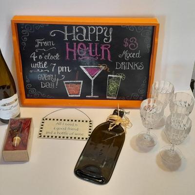 Real women don't cry, they Wine! Happy Hour chalk art tray / sign, and an assortment of wine themed decor