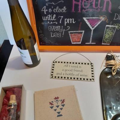 Real women don't cry, they Wine! Happy Hour chalk art tray / sign, and an assortment of wine themed decor