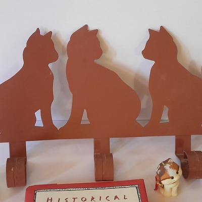 Cat Collectibles, metal three kitty wall hook, glass cat, two small cat books and more