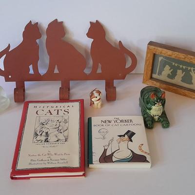 Cat Collectibles, metal three kitty wall hook, glass cat, two small cat books and more