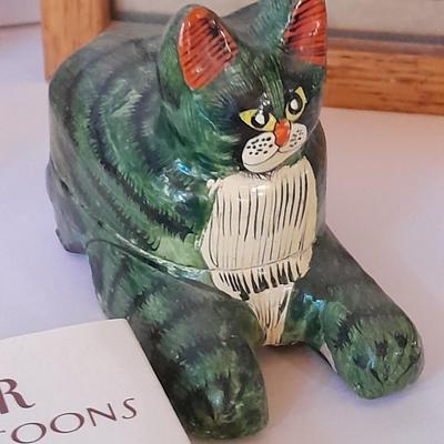 Cat Collectibles, metal three kitty wall hook, glass cat, two small cat books and more