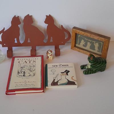 Cat Collectibles, metal three kitty wall hook, glass cat, two small cat books and more