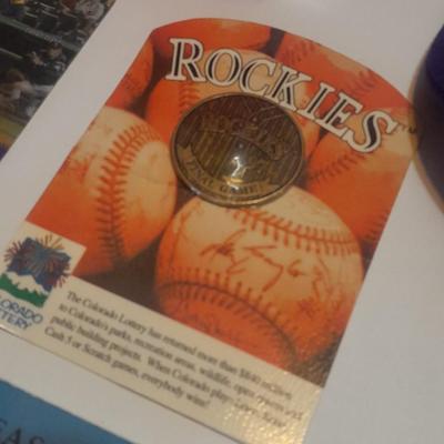 Colorado Rockies Memorabilia Larry Walker # 33 holographic card, coke collector's bottles, Baseball cap, scorecard magazine and more