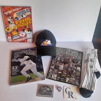Colorado Rockies scorecard magazines, cap, socks, pin, sticker, metal plate and more