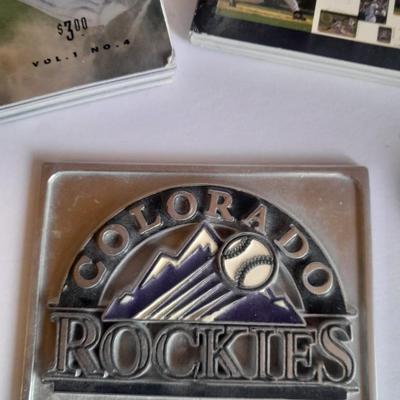 Colorado Rockies scorecard magazines, cap, socks, pin, sticker, metal plate and more