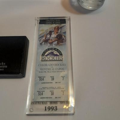 Colorado Rockies 2 glass mugs, 1993 opening day cased ticket, and scorecard magazine