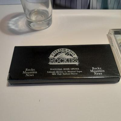 Colorado Rockies 2 glass mugs, 1993 opening day cased ticket, and scorecard magazine